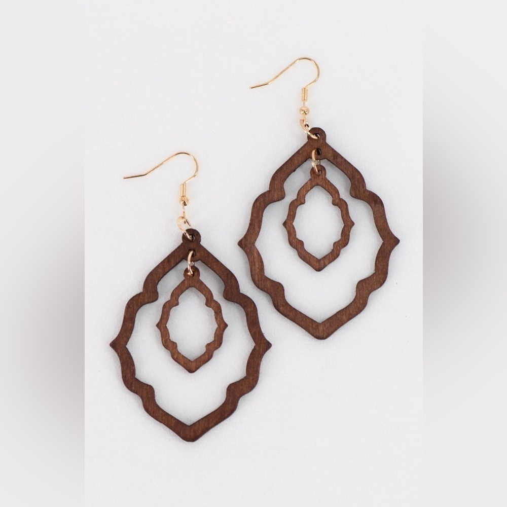 Boho laser cut wood earrings in brown